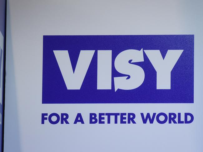 The logo of Australian packaging company Visy is seen at the National Farmers Federation congress in Canberra, Wednesday, Oct. 26, 2016. (AAP Image/Lukas Coch) NO ARCHIVING