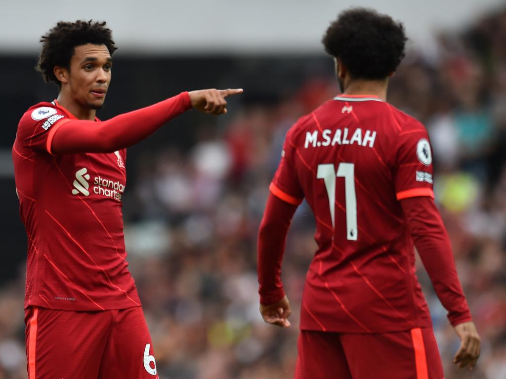 Trent Alexander-Arnold and Mo Salah’s on-field relationship is reflective of the wider Liverpool playing group, the team’s assistant manager Pep Lijnders believes. Picture: Andrew Powell/Liverpool FC via Getty Images