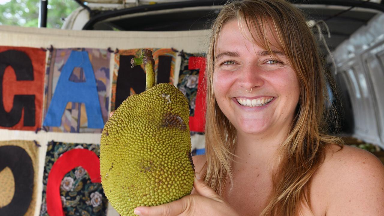 Nambi Haupt holds a Jack Fruit grown at a certified organic farm at Cameron's Pocket. Picture: Tony Martin