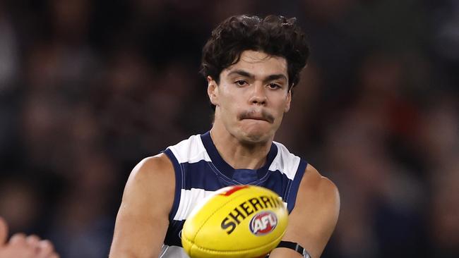 Geelong defender Lawson Humphries had 24 disposals and a team-high nine intercept possessions in only his eighth AFL game. Picture: Darrian Traynor / Getty Images