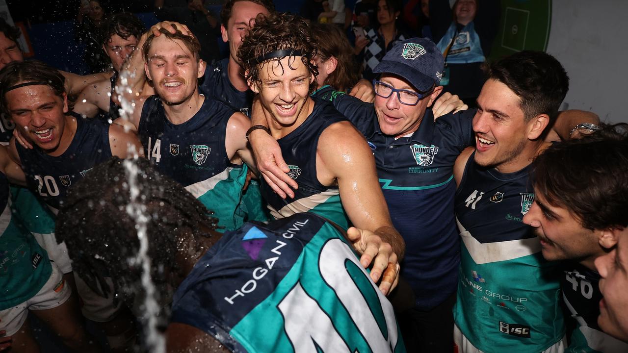 *APAC Sports Pictures of the Week - 2022, June 6* PERTH, AUSTRALIA - JUNE 04: Nat Fyfe of the Thunder celebrates with team mates after winningd the round seven WAFL match between the Subiaco Lions and Peel Thunder at Leederville Oval on June 04, 2022 in Perth, Australia. (Photo by Paul Kane/Getty Images)