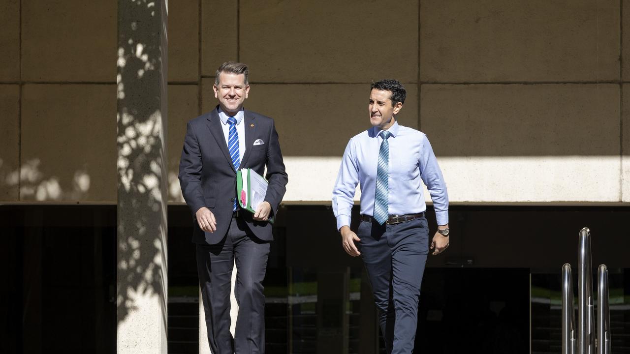 Deputy Leader of the Opposition Jarrod Bleijie and Leader of the Opposition David Crisafulli at Queensland Parliament House. Picture: Richard Walker