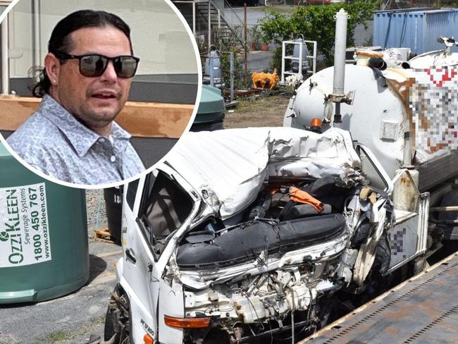 Inset: Timothy Lee Wilson, 43, pleads guilty over Stanwell ambulance fatal crash. Pictured is the truck he was driving the day of the crash - October 11, 2021.