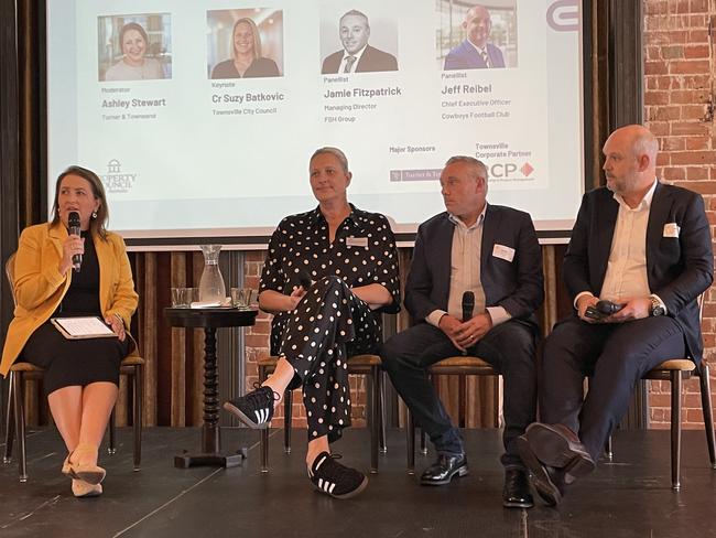 Panel discussion with Turner & Townsend's Ashley Stewart, Councillor Suzy Batkovic, FGH Group's Jamie Fitzpatrick, and Cowboys Football Club's Jeff Reibel. Picture: Leighton Smith.