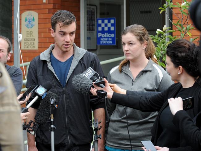 Mitchell and Ella Tromp talk to the media outside Monbulk Police Station yesterday. Picture: Andrew Henshaw