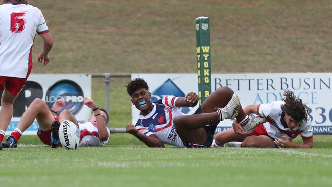 Semi Leweniqila celebrates a try Johns Cup Central Coast Roosters. Picture: Sue Graham