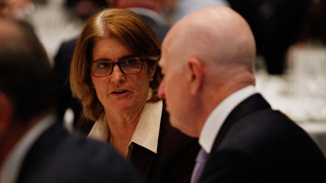 Incoming RBA governor Michele Bullock with former governor Glenn Stevens attend Philip Lowe’s last speech as governor in Sydney on Thursday. Picture: NCA NewsWire / Nikki Short