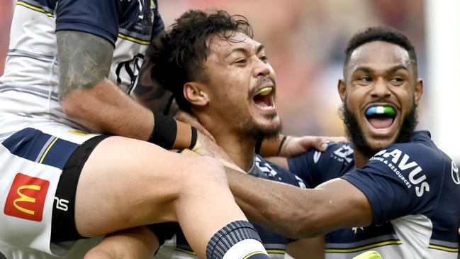 Jeremiah Nanai scores one of three tries. Picture: NRL Imiges