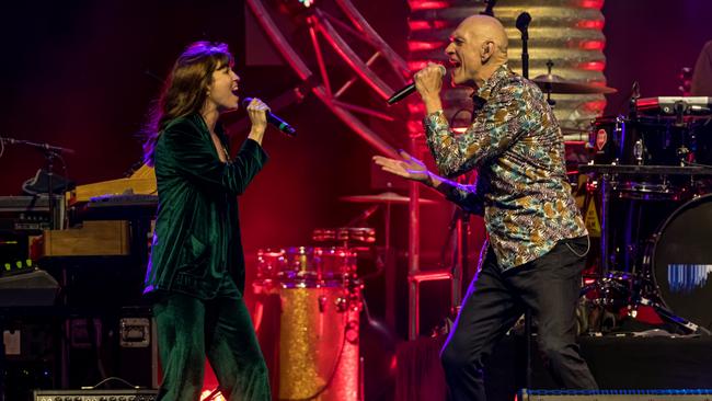 Missy Higgins performs with Peter Garrett during Midnight Oil's headline set at the Mundi Mundi Bash music festival. Picture: Matt Williams