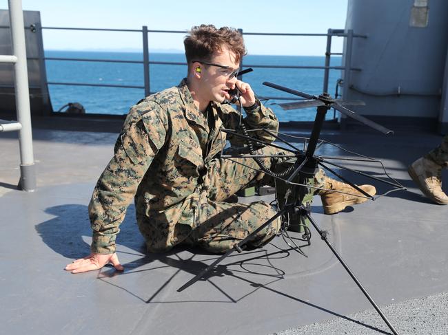 The Australian Defence Force might have to return to using a pen and paper during Exercise Talisman Sabre 2021 if allegations about the defence battle management systems are confirmed. A US Marine is pictured on the USS Wasp during Talisman Sabre 2019. Picture: Peter Wallis