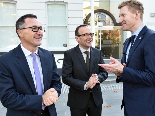 Greens leader Richard Di Natale, Melbourne MP Adam Bandt and candidate for Higgins Jason Ball. Picture: AAP Image/Julian Smith