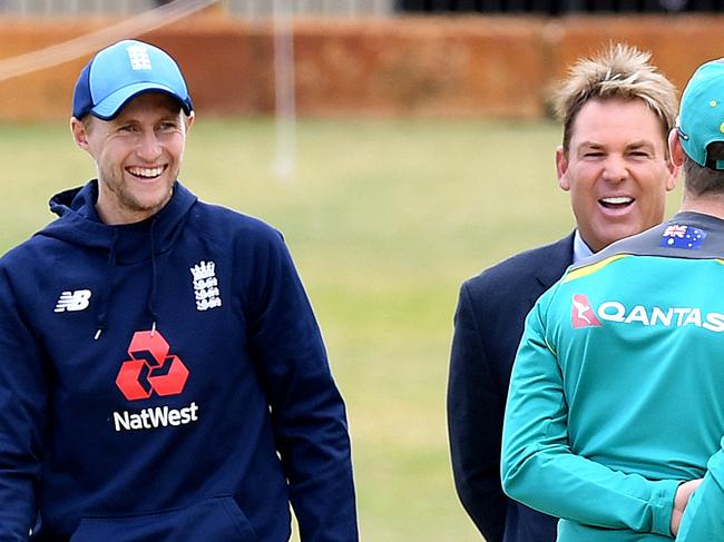 England captain Joe Root Shane Warne smile during a pitch inspection prior to play on Day 5 of the Third Ashes Test match in 2017. Picture: AAP.