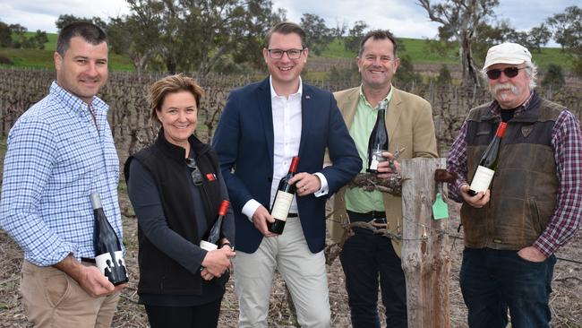 Brothers At War Wines' Chris Alderton, Barossa Wine &amp; Grape Association's Nicki Robins, Member for Schubert, Stephan Knoll, Primary Industries Minister Tim Whetstone and Gibson Wines' Rob Gibson. Picture: SUPPLIED