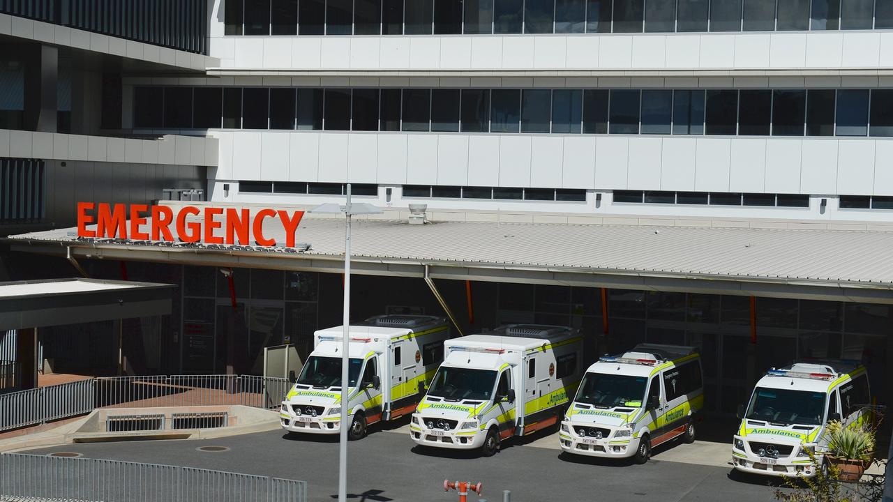 Rockhampton Four ambulances parked outside the emergency department at the Rockhampton Hospital.