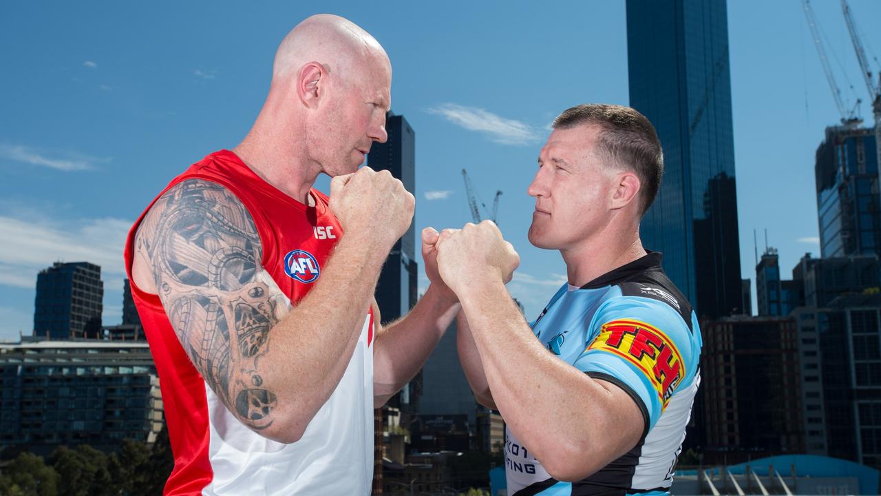 Former AFL player Barry Hall (left) and Paul Gallen face off during a Code War boxing launch in Melbourne