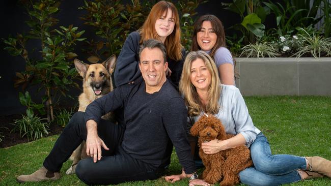 Christian O'Connell at home with his wife Sarah, daughters Lois and Ruby, and dogs Nisha and Reggie. Picture: Tony Gough