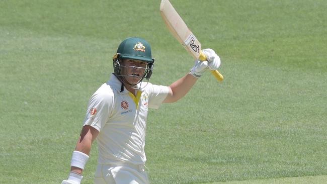 Marcus Harris celebrates his half century on day one of the second test in Perth. Picture: AAP