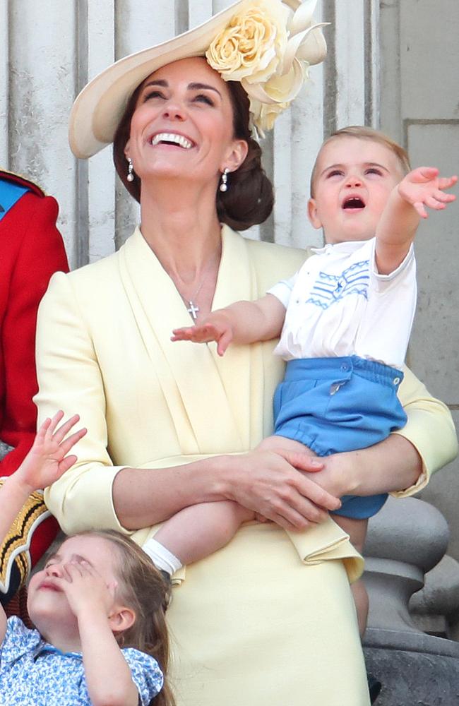 Princess Charlotte, Catherine, Duchess of Cambridge and Prince Louis during the Trooping the Colour, the Queen's annual birthday parade. Picture: Chris Jackson/Getty Images