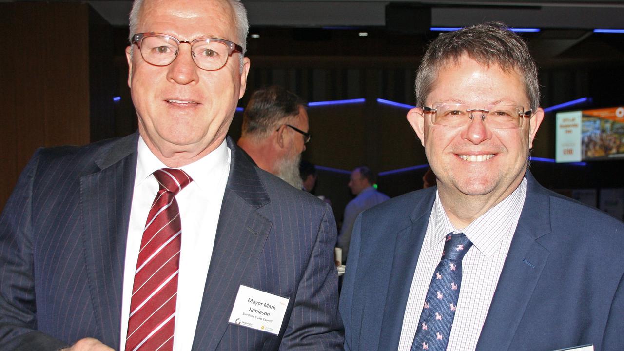 Sunshine Coast Mayor Mark Jamieson and Council's Craig Matheson at the Caloundra Chamber of Commerce Better Business Breakfast, The Digital Invasion, in the Events Centre.