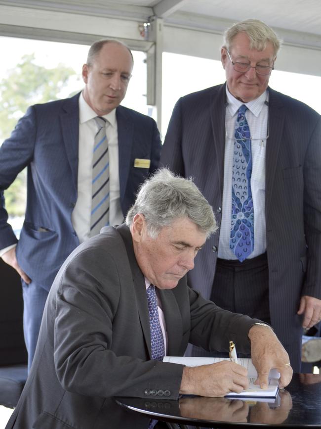 USC Moreton Bay Commencement Ceremony on the site of the foundation building on July 4 2018. Federal LNP MP for Petrie Luke Howarth, Moreton Bay Mayor Allan Sutherland and USC vice chancellor Professor Greg Hill sign the university development agreement. Picture: David Alexander 