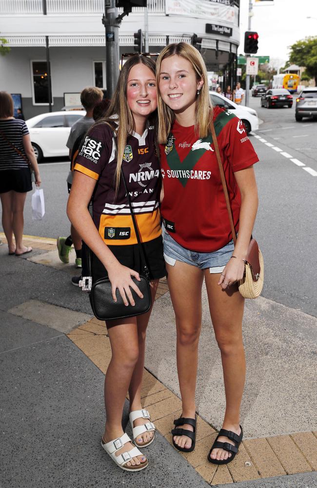 Evvy Taylor and Grace Sutton pictured at the Broncos v Rabbitohs, round 1, on Caxton Street, Brisbane 11th of March 2022. This is the first game for the BroncosÃ• season.
