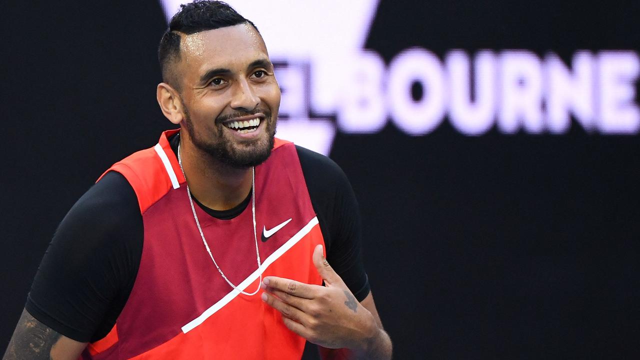 Nick Kyrgios was all smiles during a dominant Round 1 performance. Picture: AFP