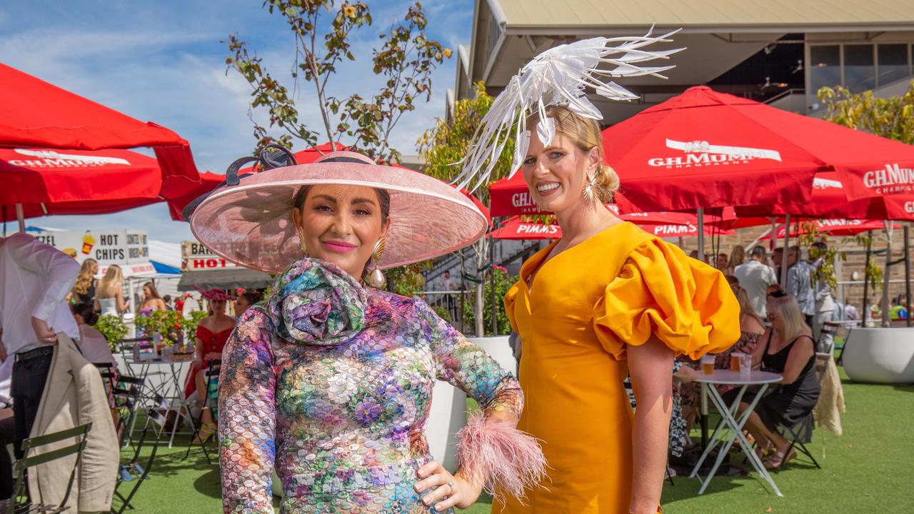 Gabriella Deieso and Nicole Wenske at the 2023 Adelaide Cup at Morphettville Racecourse. Picture: Ben Clark