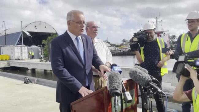 Prime Minister Scott Morrison holds a press conference at Norship in Cairns to announce stage two funding for Cairns Marine