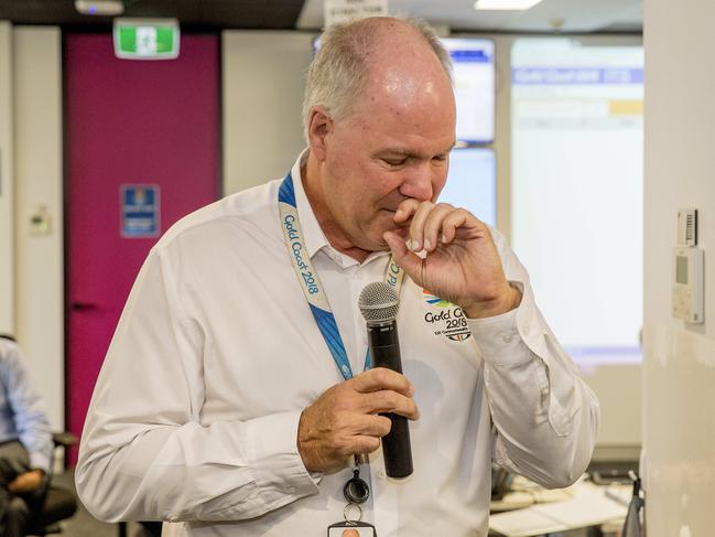 GOLDOC CEO Mark Peters was overcome with emotion as he thanked staff for their loyalty and hard work on the Gold Coast Commonwealth Games. Picture: Jerad Williams