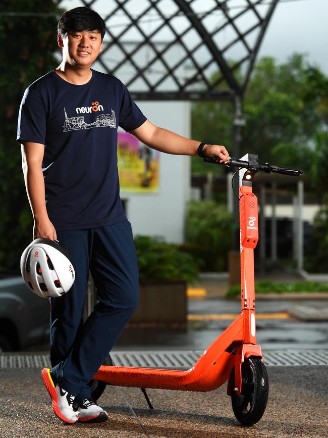 Neuron Mobility chief executive Zachary Wang with e-scooters being introduced on to Darwin streets. Picture: Che Chorley.