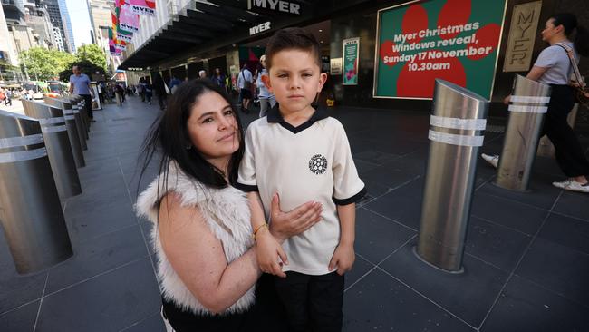 Carolina Henao, 44, and son Valentino, 7, are devastated they won’t be able to attend the unveiling of The Myer windows event. Picture: Alex Coppel.