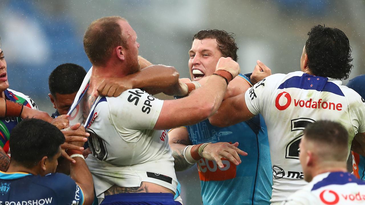 Jarrod Wallace of the Titans and Matthew Lodge have apparently kissed and made up. Photo: Getty Images