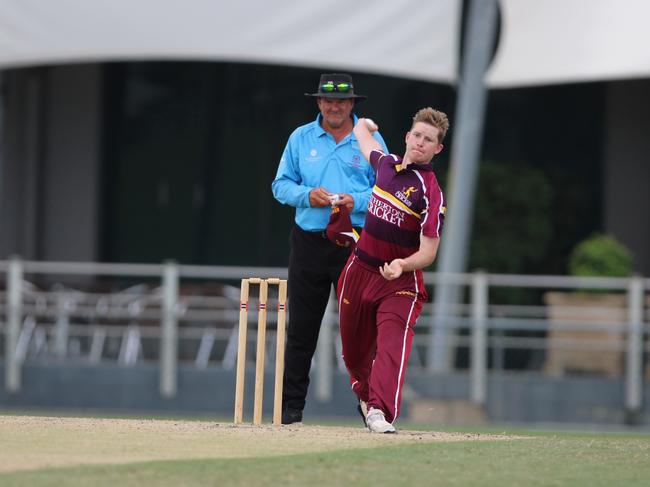 Atherton's Angus Vikionkorpi bowls in the match against Norths in Cricket Far North's first grade at Cazalys Stadium. Picture: Jake Garland