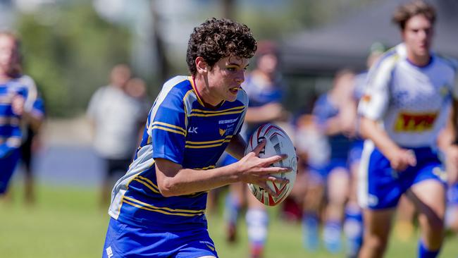 Day One of King of the Country rugby tournament at James Overell Park, Southport. possible. Sunshine Coast Invitational Barbarians U13s (Blue/yellow) v USQ Saints U13s (with ball). Picture: Jerad Williams