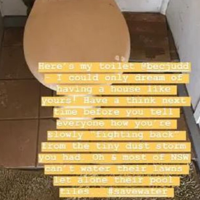 Browning also shared a photo of her dust-covered toilet by way of highlighting the problems some were facing in drought-stricken areas. Picture: Instagram