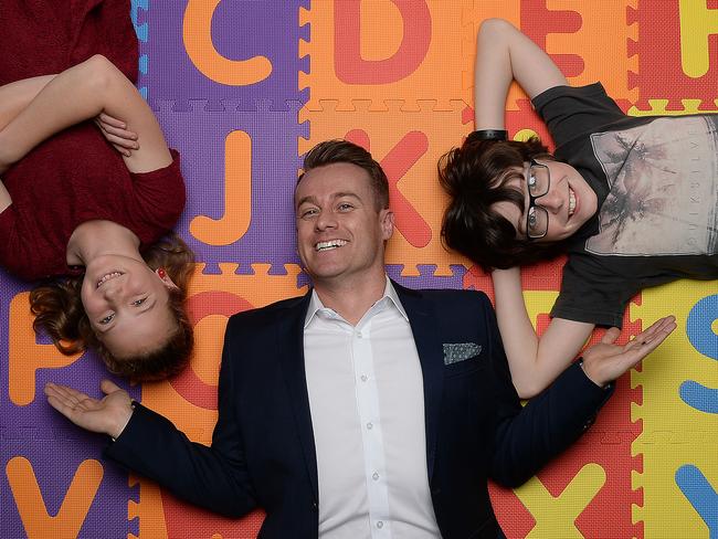 Grant Denyer with WA spellers Beau and Josie, from the TV show The Great Australian Spelling Bee. Picture: Daniel Wilkins.