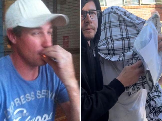 Victims Bobby Kelsall (left) and Stephen Lippis (right) were killed by Nathan Bernhard last night after he allegedly drunkenly ran them over with his ute. Pictures: Bobby and Stephen, Facebook, Nathan and his brother, pictured in a black hoodie, (middle), Tom McGann.