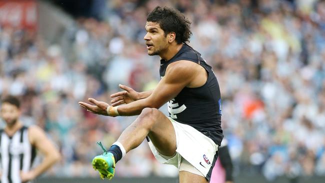 Sam Petrevski-Seton kicks one of his two goals on Saturday against Collingwood. Picture: George Salpigtidis