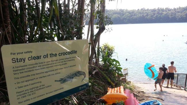 A sign at Lake Eacham warning of freshwater crocodiles.