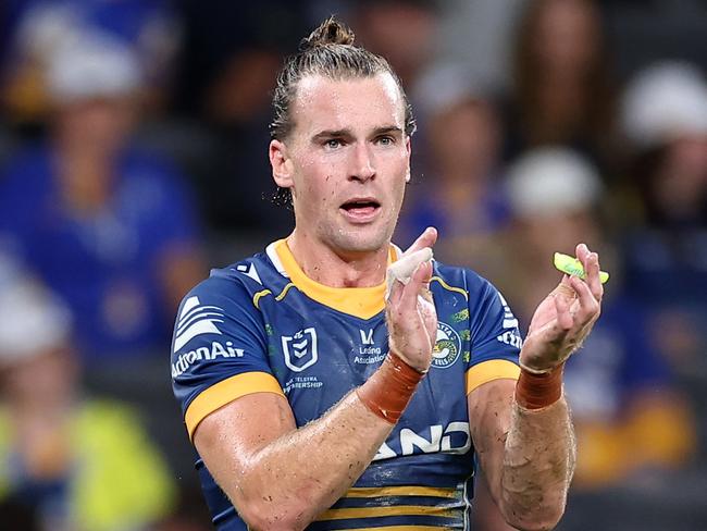 SYDNEY, AUSTRALIA - MARCH 23:  Clint Gutherson of the Eels reacts during the round four NRL match between the Parramatta Eels and Penrith Panthers at CommBank Stadium on March 23, 2023 in Sydney, Australia. (Photo by Cameron Spencer/Getty Images)