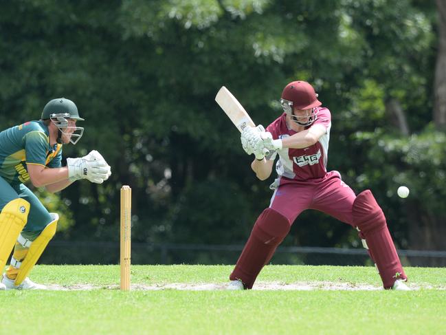 Red Hill opening batsman Riley Shaw cuts in front of Moorooduc keeper Liam Phillips. Picture: Chris Eastman