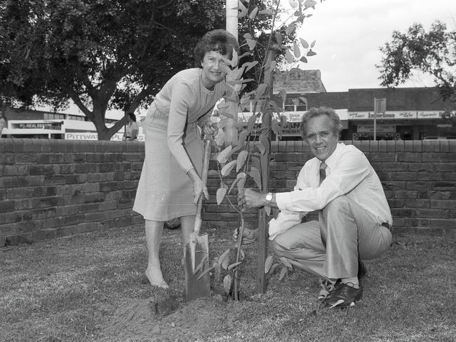 Olive Beaton and Cr Paul Couvret planting a tree outside Mona Vale Library on September 3, 1982, to mark the library's 10th birthday. Picture Manly Daily