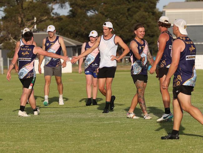 North Shore players get around each other at training. Picture: Alan Barber