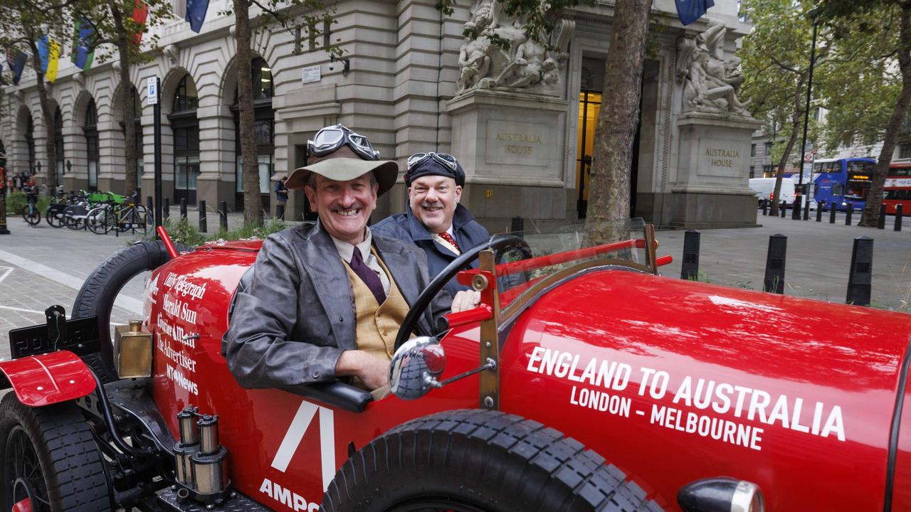 Daily Telegraph cartoonist Warren Brown and editor-at-large Matthew Benns with their Bean car outside Australia House, Strand, London as they start their three month journey to Australia. Picture: Jamie Lorriman