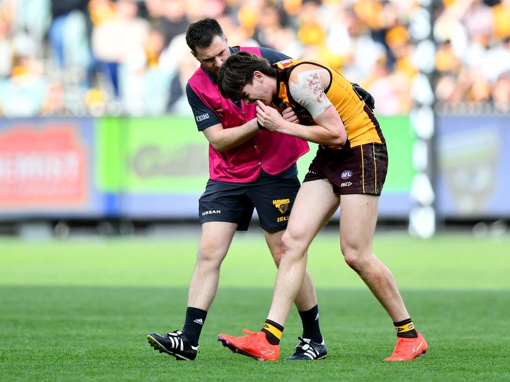 Will Day comes from the field injured on Sunday. Picture: Josh Chadwick/AFL Photos/via Getty Images