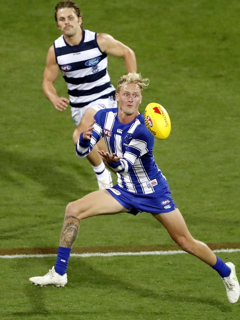 Jaidyn Stephenson marks for North Melbourne.