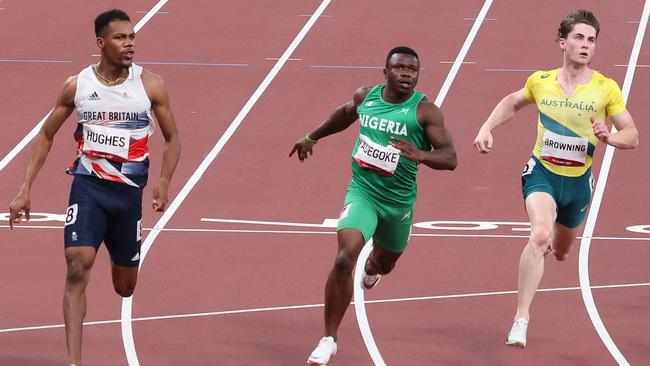 Britain's Zharnel Hughes, left, reacts after winning ahead of second-placed Nigeria's Enoch Adegoke, centre, in the men's 100m semi-finals. Rohan Browning, right, crossed fifth, far from disgraced. Picture: Giuseppe Cacace/AFP