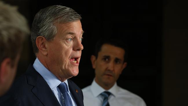 Opposition Leader David Crisafulli and Shadow Attorney-General Tim Nicholls speaking at Parliament. Picture: David Clark