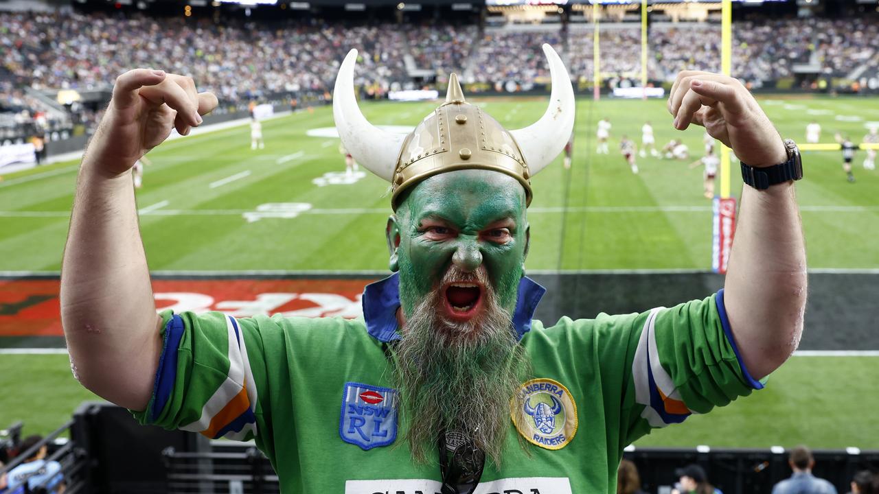 Raiders fan Mathew Welsman from Canberra at the NRL at Allegiant Stadium in Las Vegas. Picture: Jonathan Ng