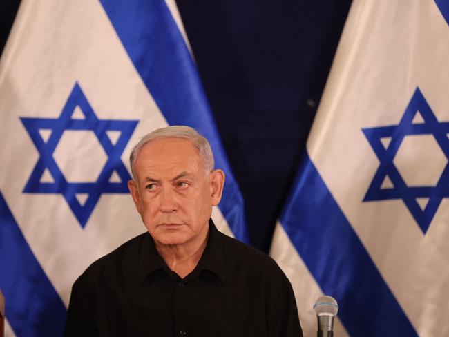 Israeli Prime Minister Benjamin Netanyahu attends a press conference in the Kirya military base in Tel Aviv. Picture: AFP